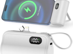 Mini Capsule Power Bank: 5000mAh Pocket-Sized Charger with Built-in Cable