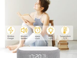 4 in1 Alarm Clock with Wireless Charging /Wireless Speaker/Night Light & Temperature Display