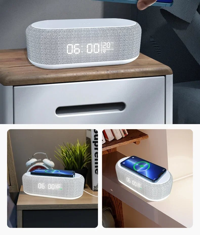 4 in1 Alarm Clock with Wireless Charging /Wireless Speaker/Night Light & Temperature Display