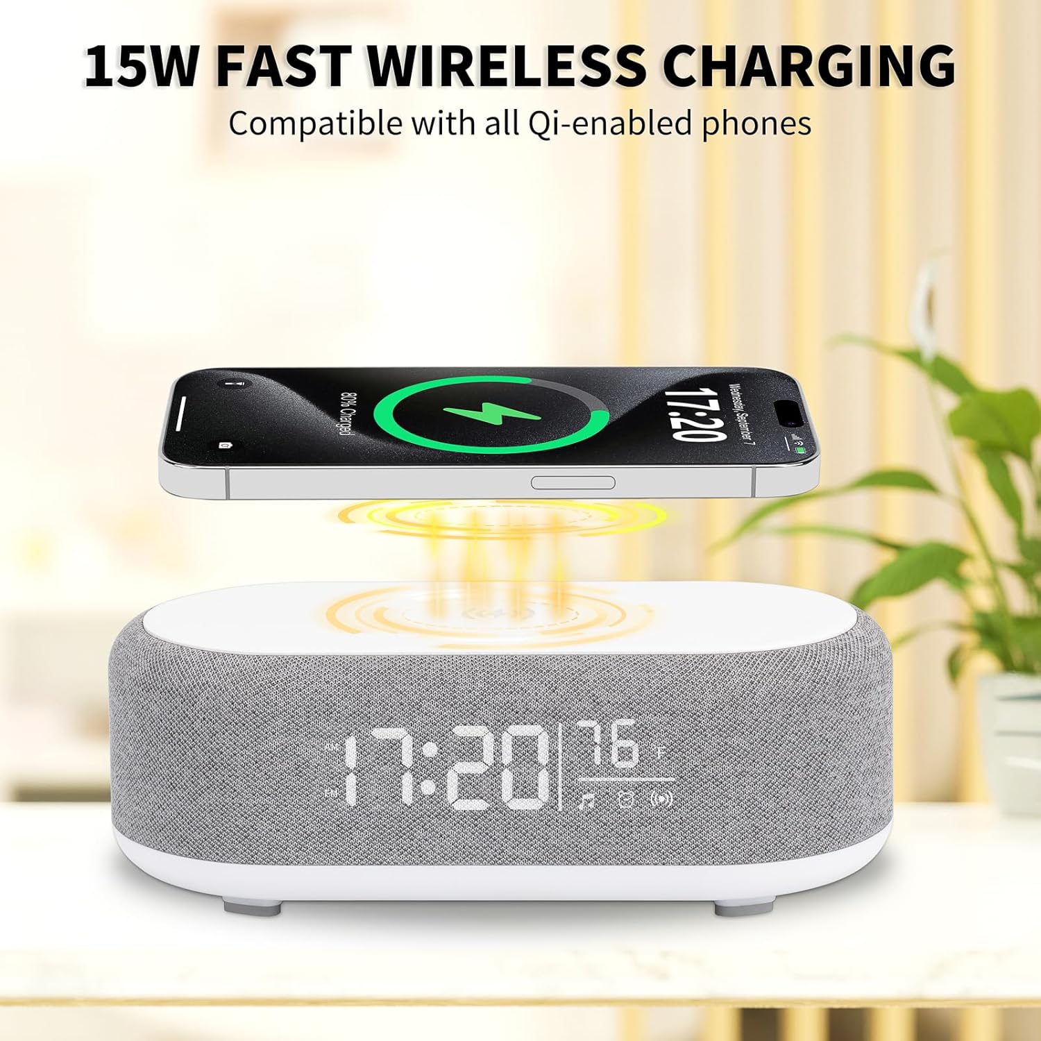 4 in1 Alarm Clock with Wireless Charging /Wireless Speaker/Night Light & Temperature Display