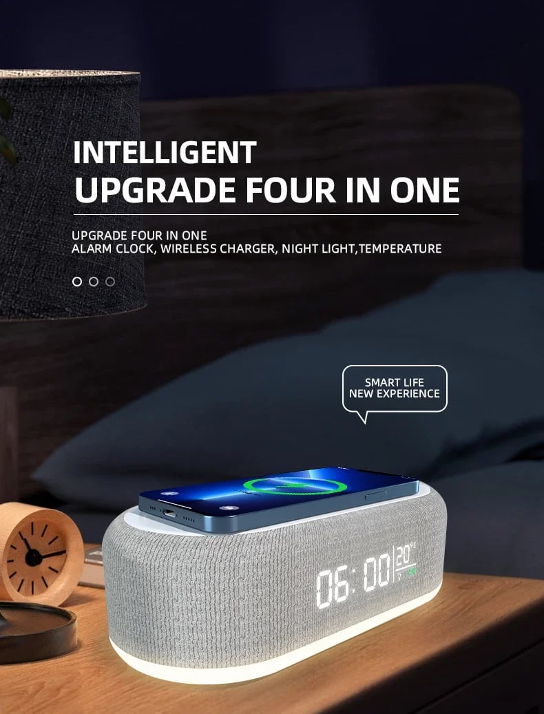 4 in1 Alarm Clock with Wireless Charging /Wireless Speaker/Night Light & Temperature Display