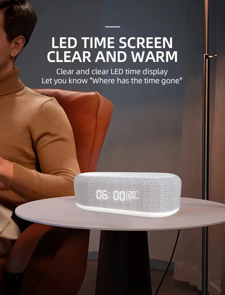 4 in1 Alarm Clock with Wireless Charging /Wireless Speaker/Night Light & Temperature Display
