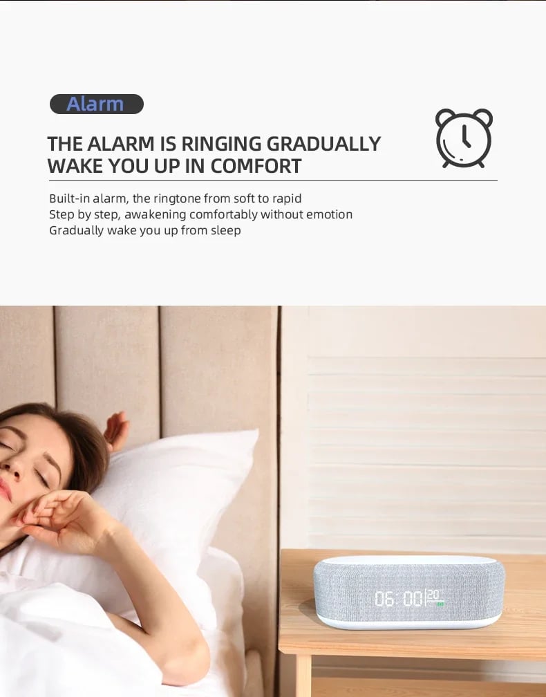 4 in1 Alarm Clock with Wireless Charging /Wireless Speaker/Night Light & Temperature Display