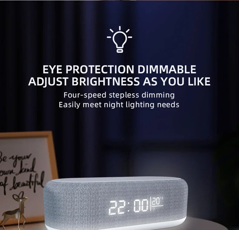 4 in1 Alarm Clock with Wireless Charging /Wireless Speaker/Night Light & Temperature Display