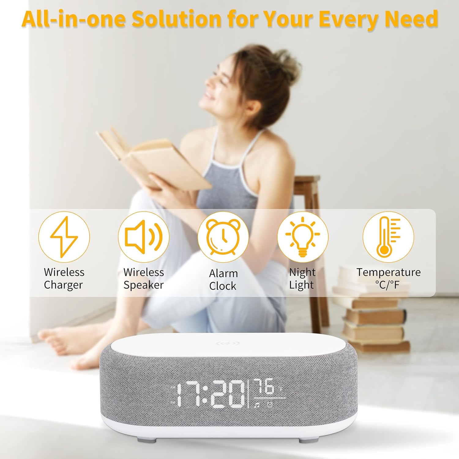 4 in1 Alarm Clock with Wireless Charging /Wireless Speaker/Night Light & Temperature Display
